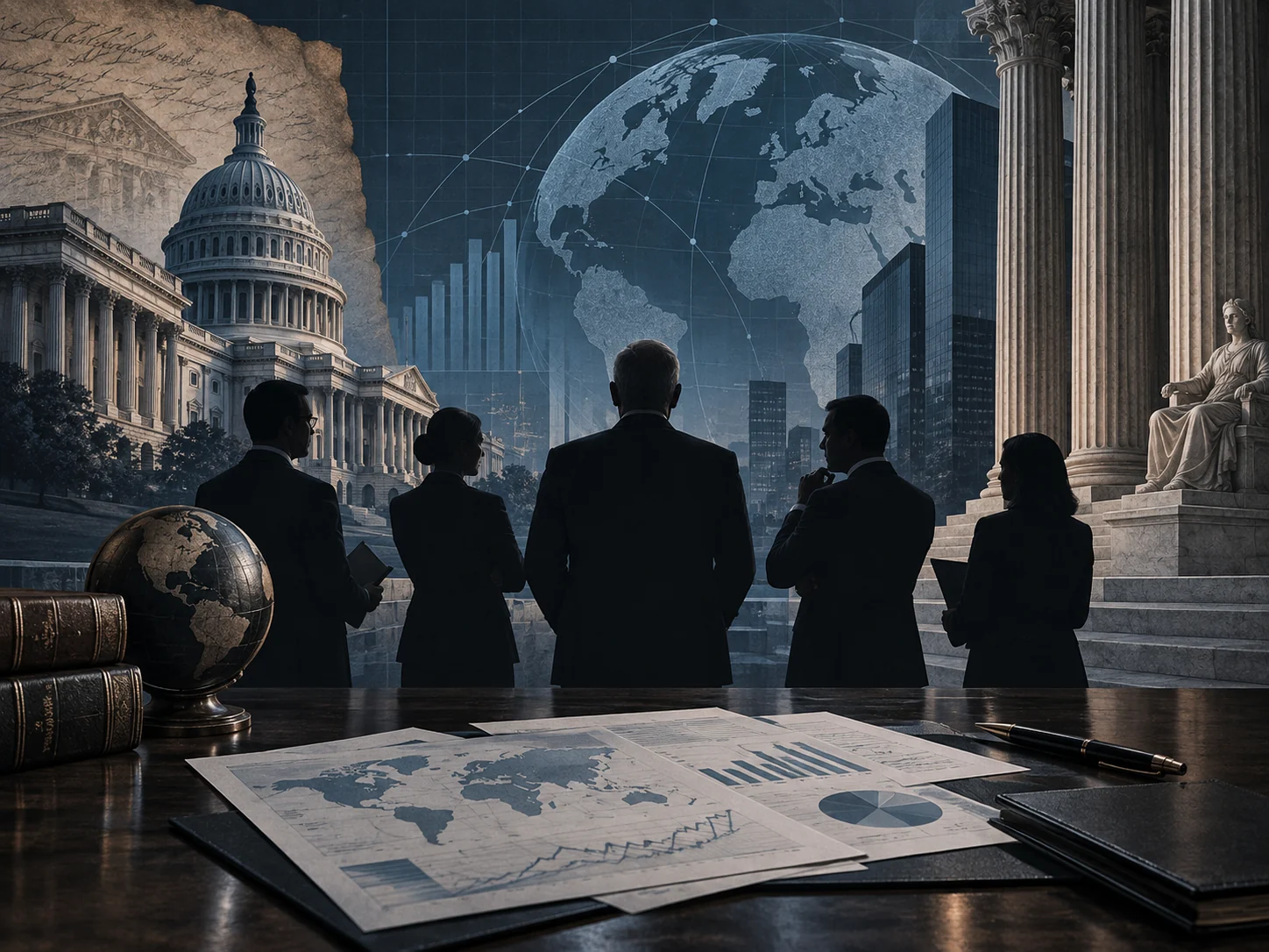 Political and leadership analysis illustration showing government, institutions and global context.