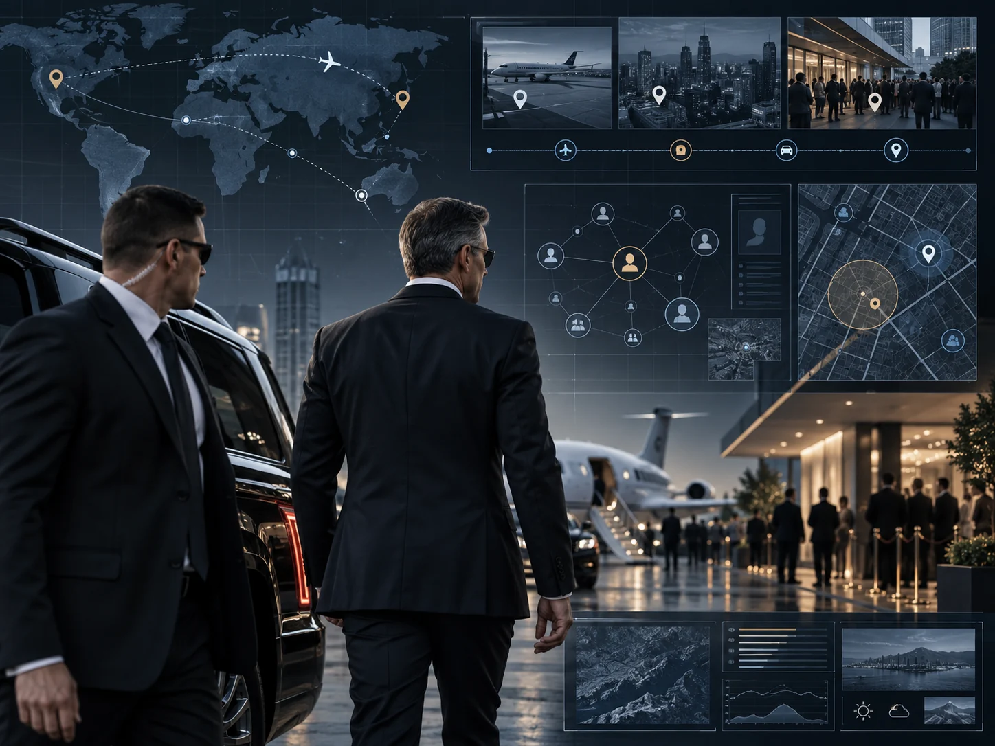 Executive protection intelligence illustration showing travel, event, network and geospatial context.